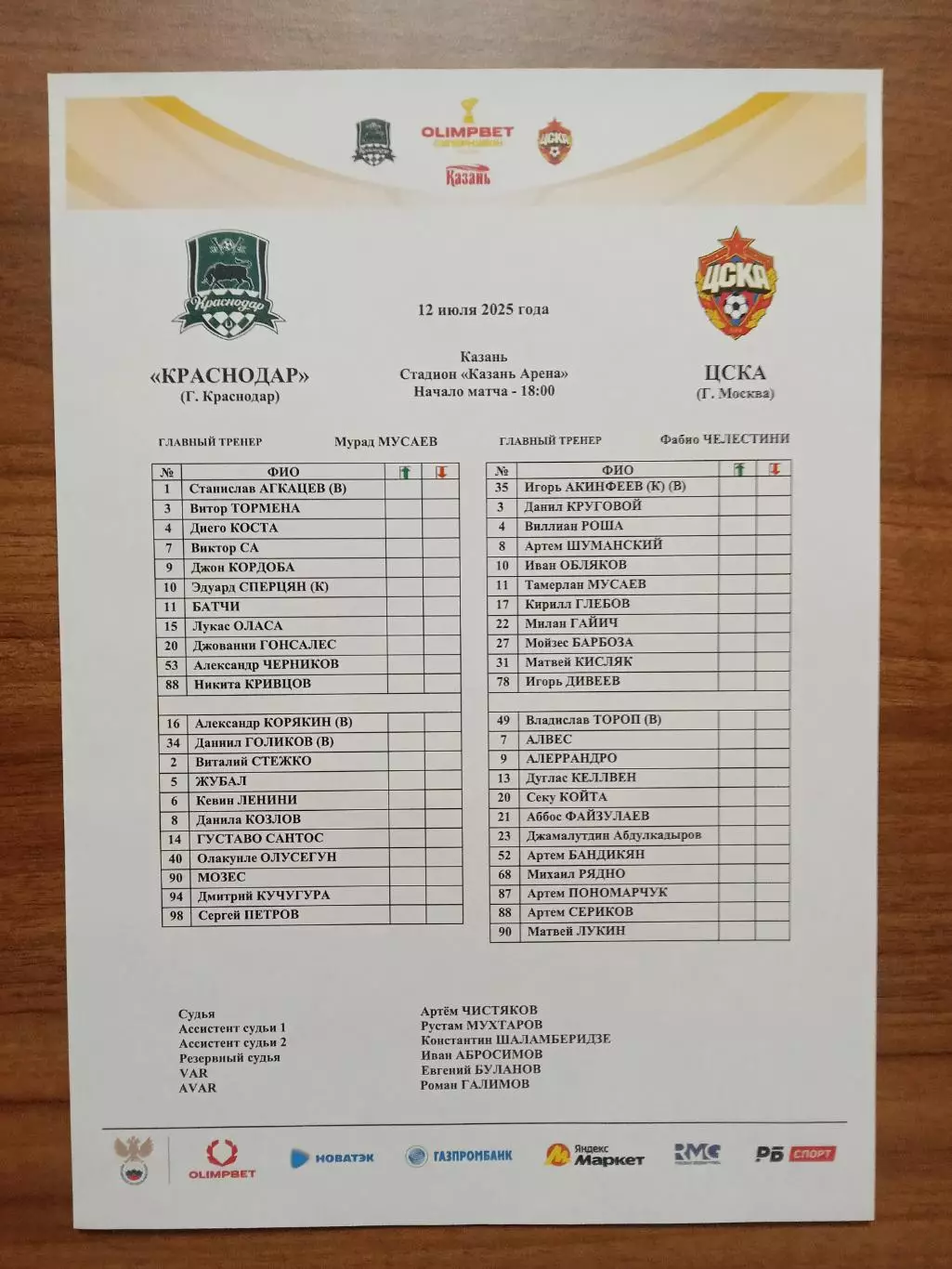 Суперкубок 2025 Краснодар - ЦСКА Москва ++ КАЗАНЬ ++ Старт-лист