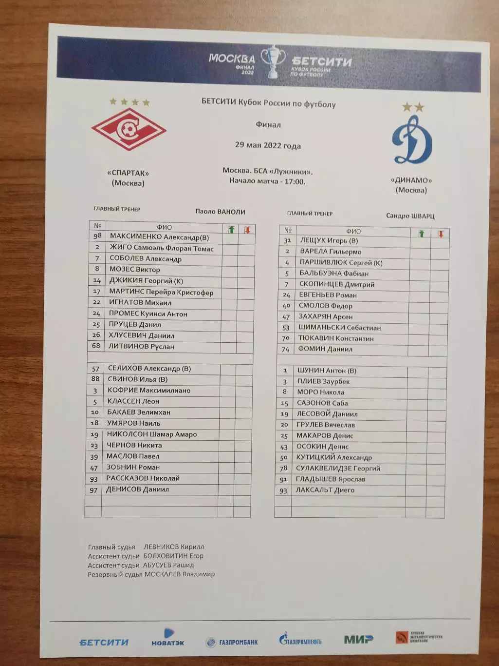 Финал Кубка Россия 2022 Спартак Москва - Динамо Москва Старт лист
