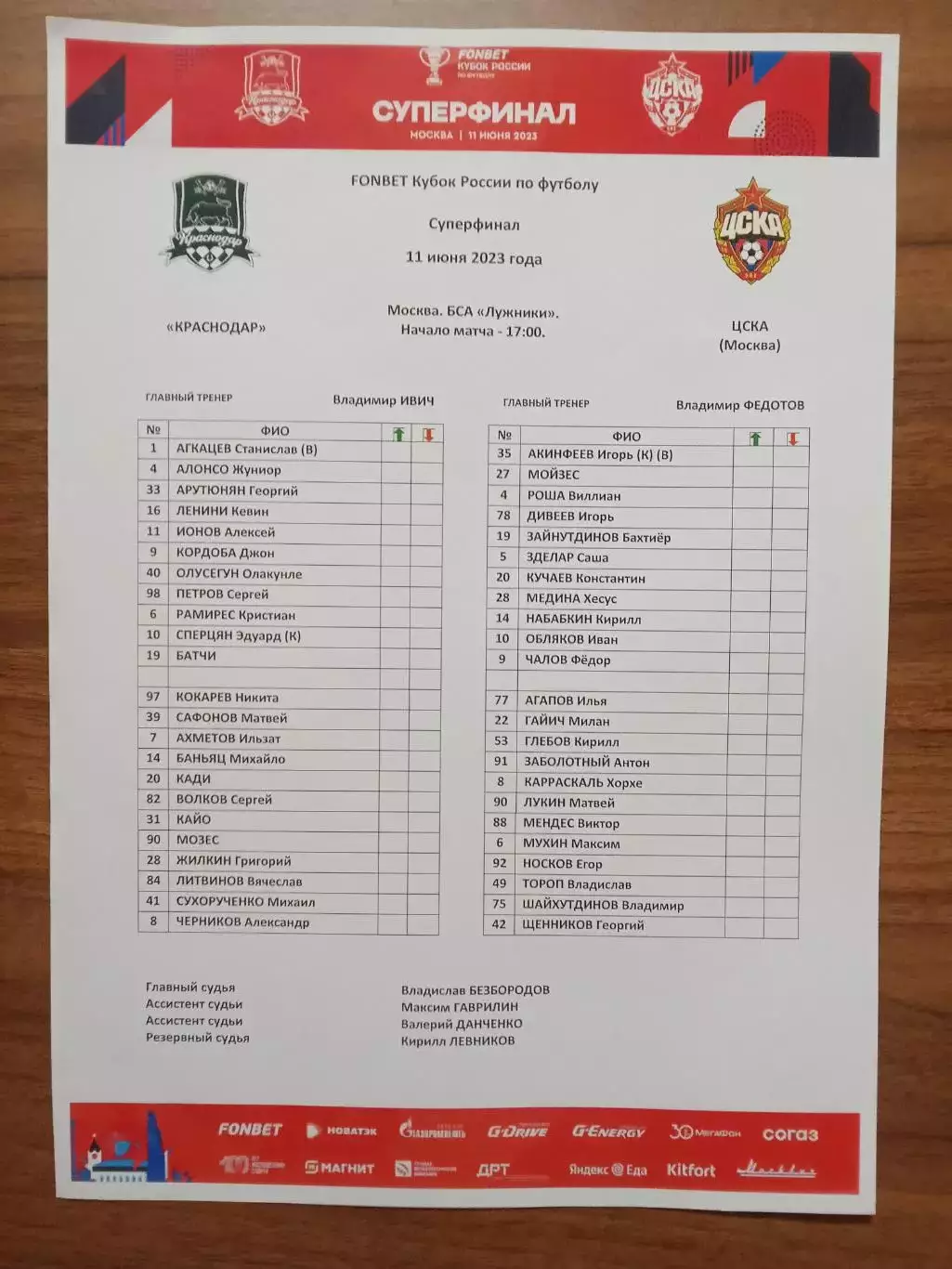 Финал Кубка России 2023 КРАСНОДАР - ЦСКА Москва - Россия СУПЕРФИНАЛ Старт-лист