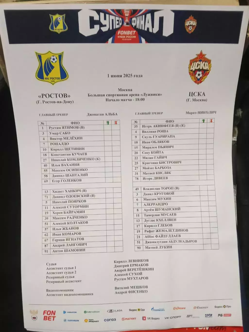 Финал Кубка России 2025 РОСТОВ - ЦСКА Москва Старт-лист СУПЕРФИНАЛ
