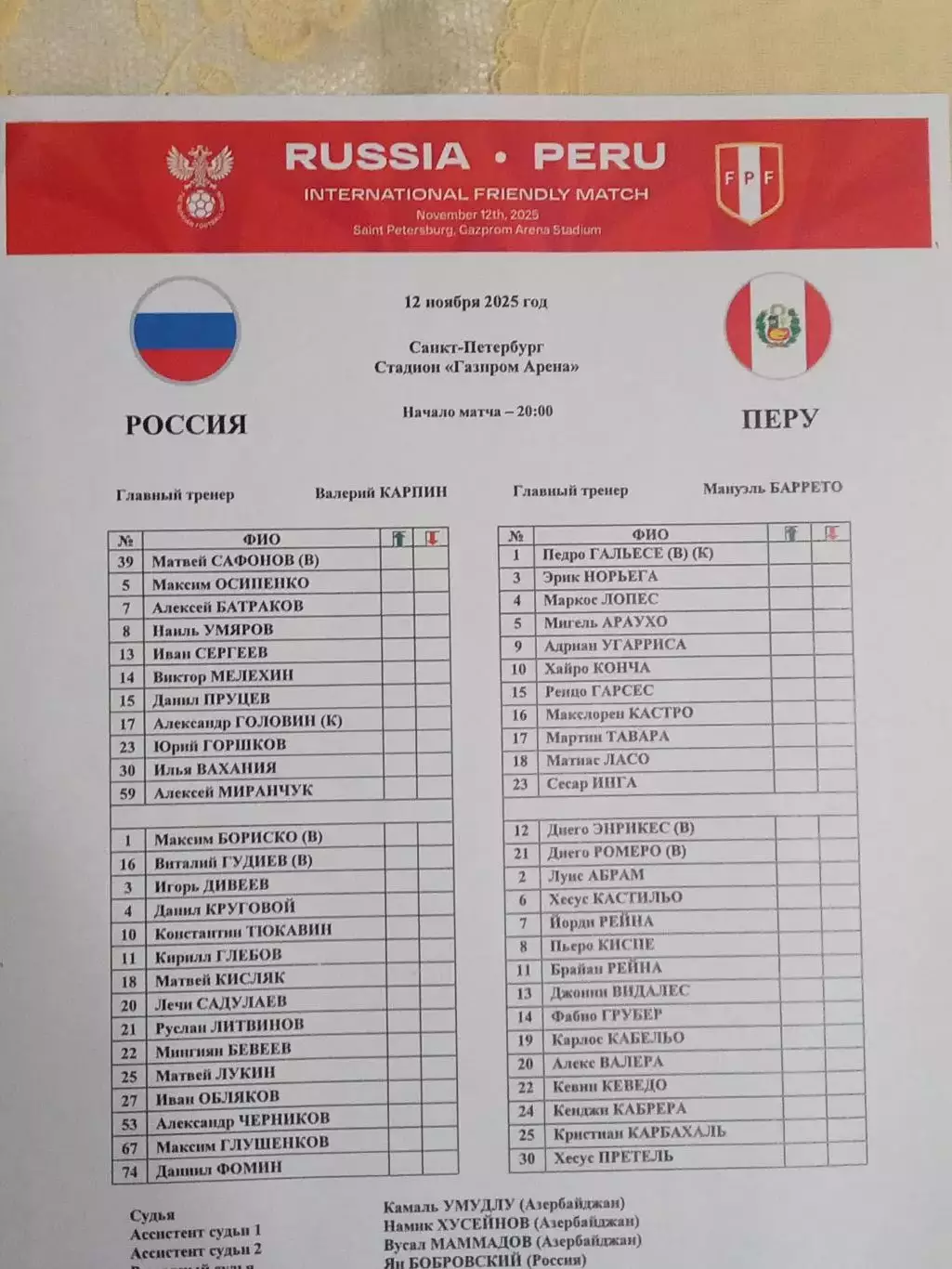2025 РОССИЯ - ПЕРУ Старт лист Russia - Peru РУС