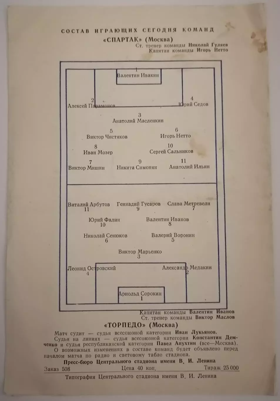 СПАРТАК МОСКВА - ТОРПЕДО МОСКВА - 1958 официальная программа 01.08 1