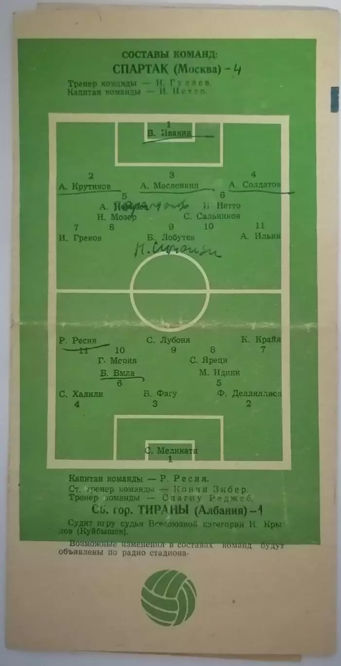 СПАРТАК МОСКВА - СБОРНАЯ ТИРАНЫ АЛБАНИЯ 1959 официальная программа 2