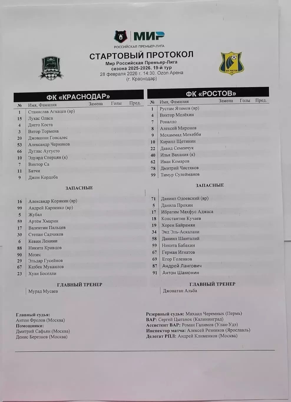 КРАСНОДАР - РОСТОВ 28.02. 2026 оф. протокол