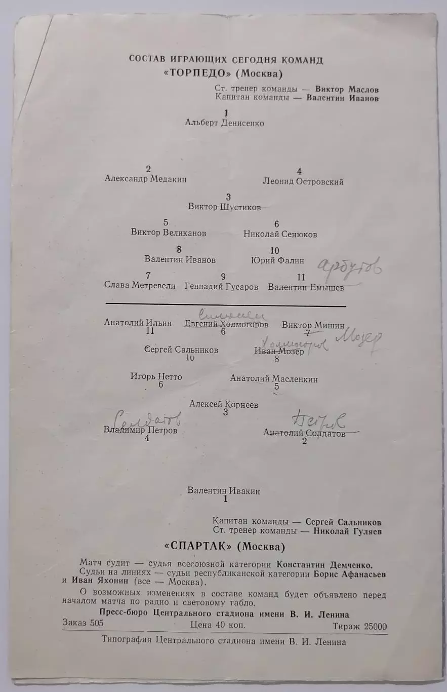 ТОРПЕДО МОСКВА - СПАРТАК МОСКВА - 1959 официальная программа 23.05. 1