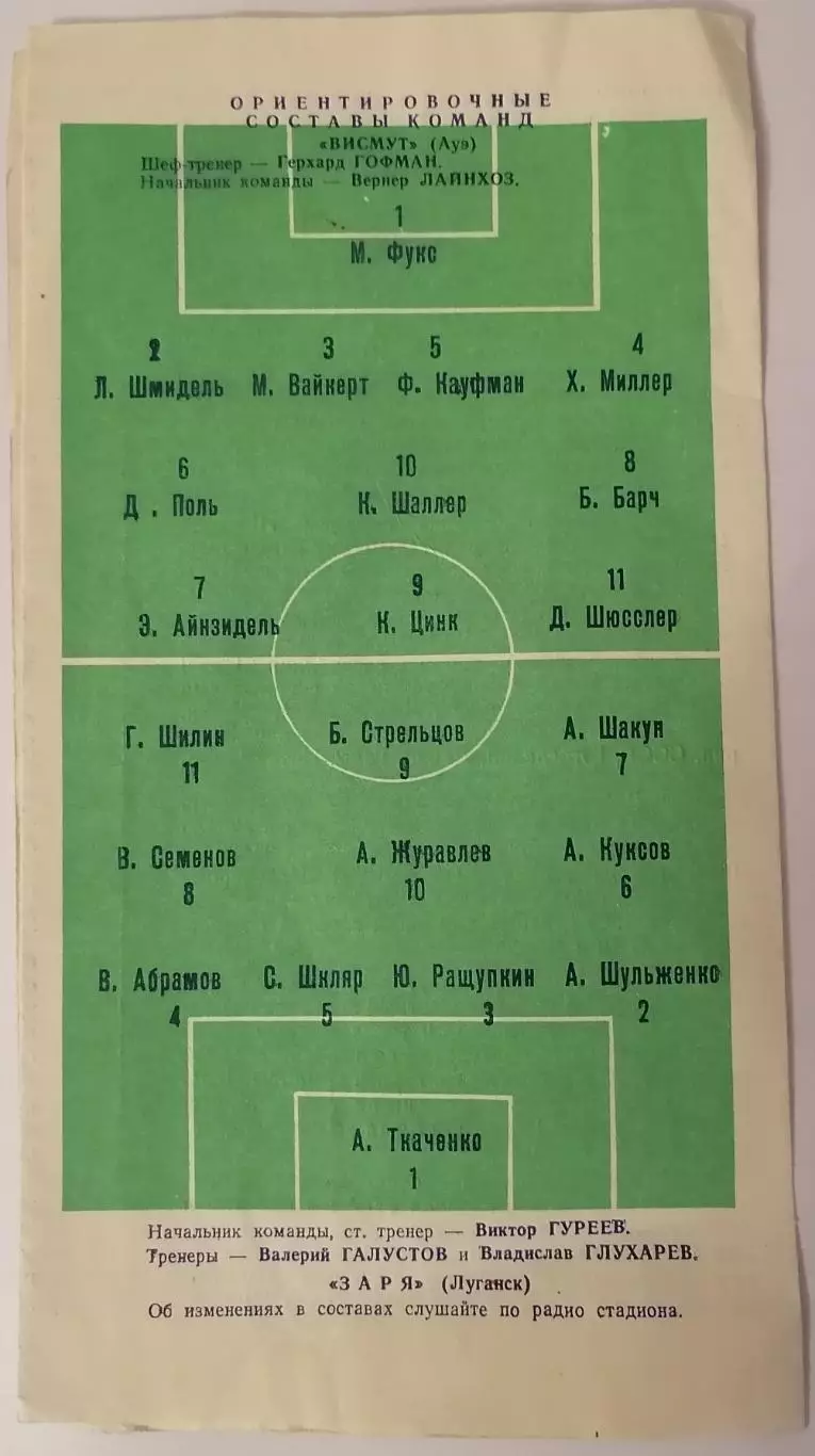 ЗАРЯ ЛУГАНСК - ВИСМУТ АУЭ ГДР ГЕРМАНИЯ 1969 официальная программа 1