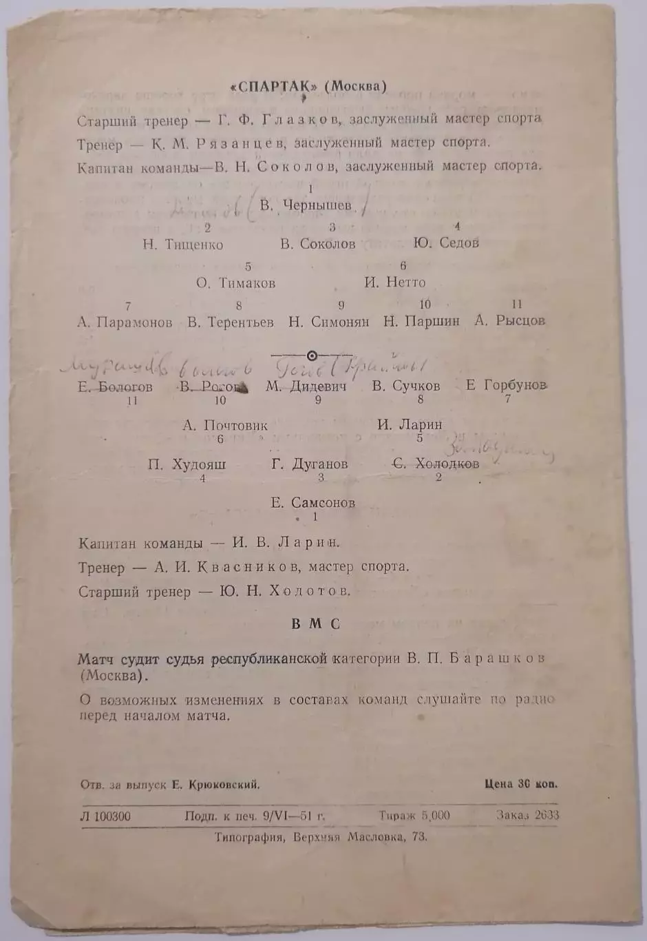 СПАРТАК МОСКВА - ВМС МОСКВА 1951 официальная программа 1