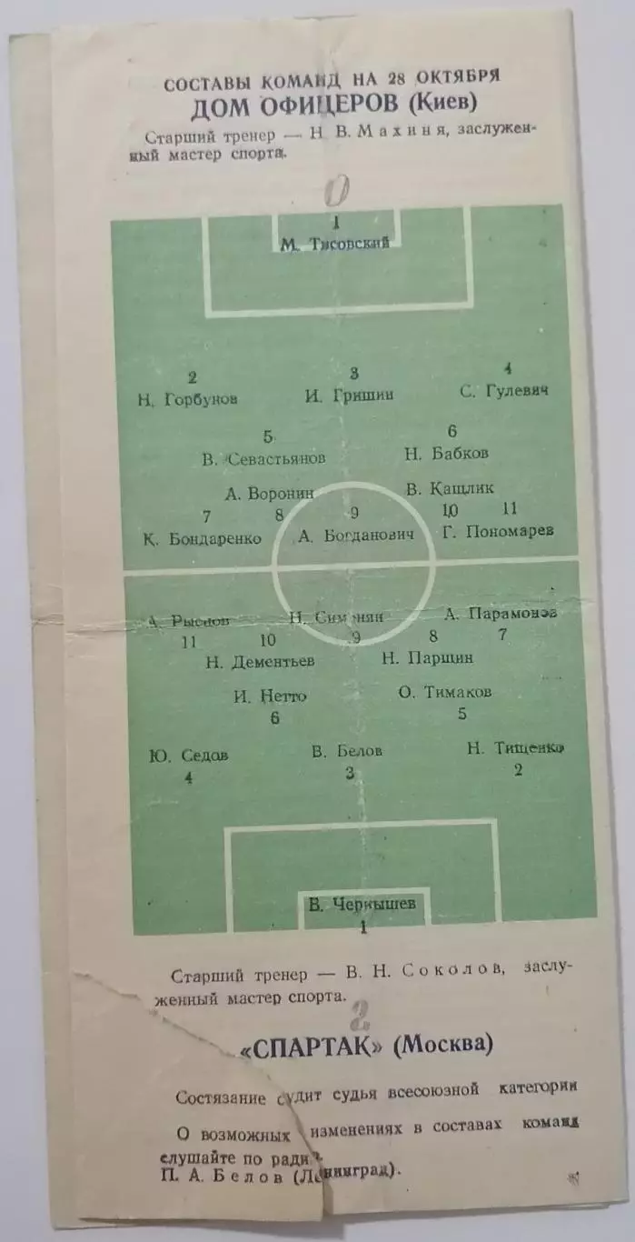 СПАРТАК МОСКВА - ДОМ ОФИЦЕРОВ КИЕВ - 1952 оф. программа КУБОК ПОЛУФИНАЛ 1