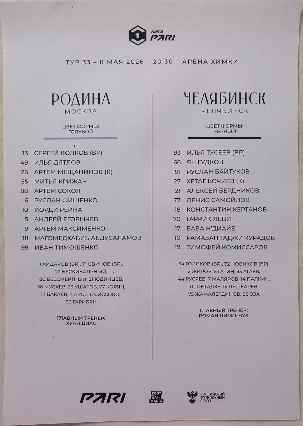 ФК РОДИНА Москва - ФК ЧЕЛЯБИНСК 08.05. 2026 оф. протокол