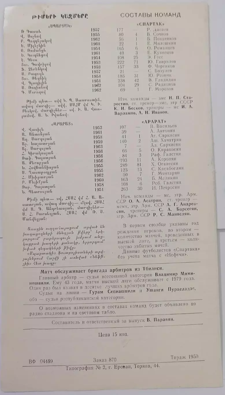 АРАРАТ ЕРЕВАН - СПАРТАК МОСКВА - 1983 официальная программа 1