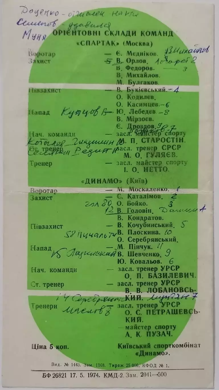 ДИНАМО КИЕВ - СПАРТАК МОСКВА - ДУБЛЬ 1974 официальная программа 1