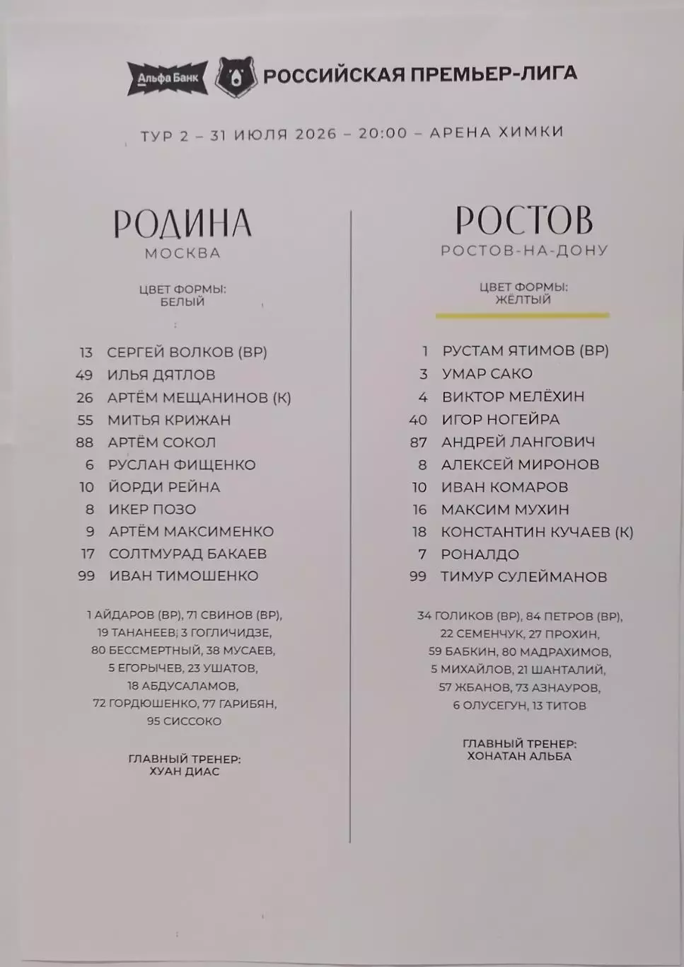 РОДИНА Москва - ФК РОСТОВ Ростов-на-Дону 2026 оф. протокол 31.07.