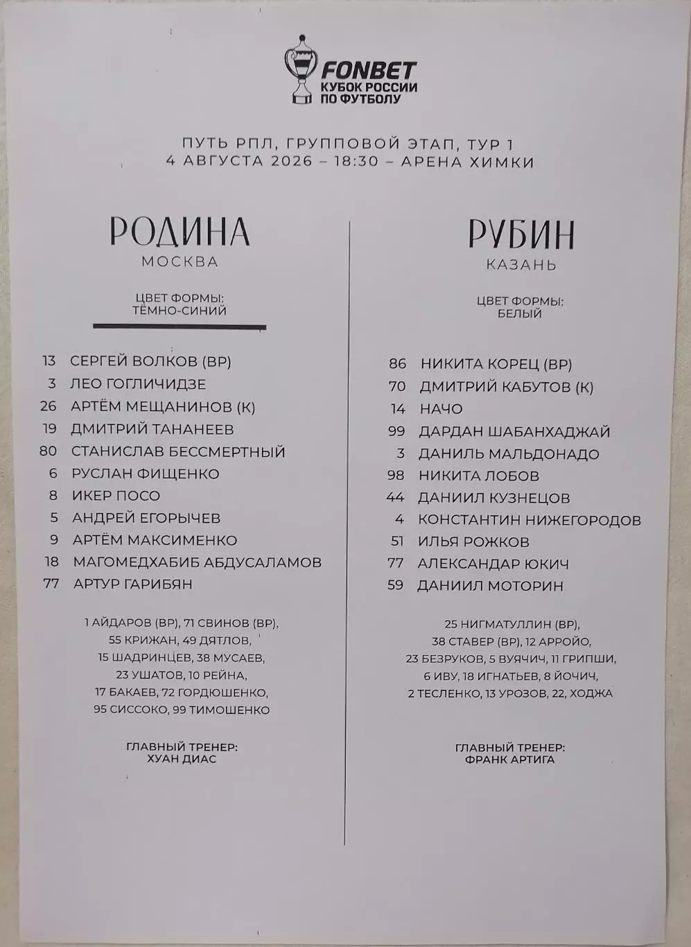 РОДИНА Москва - ФК РУБИН Казань 2026 оф. протокол 04.08. КУБОК