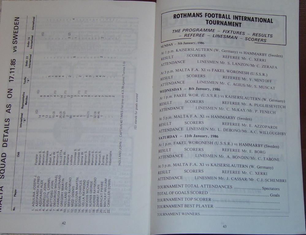 МЕЖДУНАРОДНЫЙ ТУРНИР МАЛЬТА 1986 ФАКЕЛ КАЙЗЕРСЛАУТЕРН ХАММАРБЮ оф. программа 1