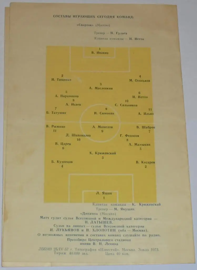 СПАРТАК МОСКВА - ДИНАМО МОСКВА 1957 официальная программа НЕТ ДВУХ СТРАНИЦ 1