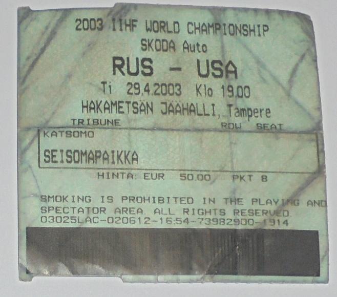 ЧЕМПИОНАТ МИРА 2003 ХОККЕЙ БИЛЕТ РОССИЯ - США