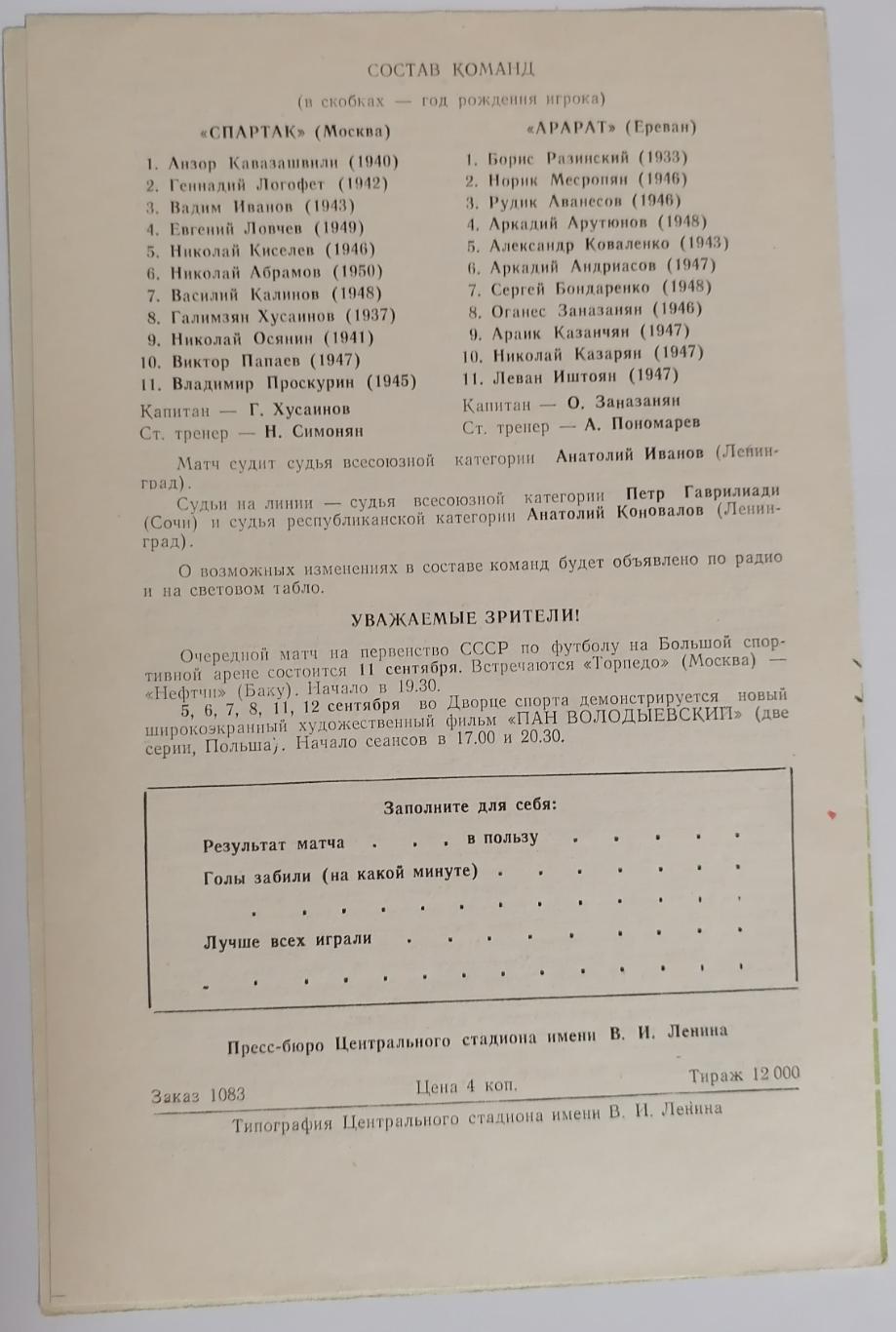 СПАРТАК МОСКВА - АРАРАТ ЕРЕВАН 1970 официальная программа 1