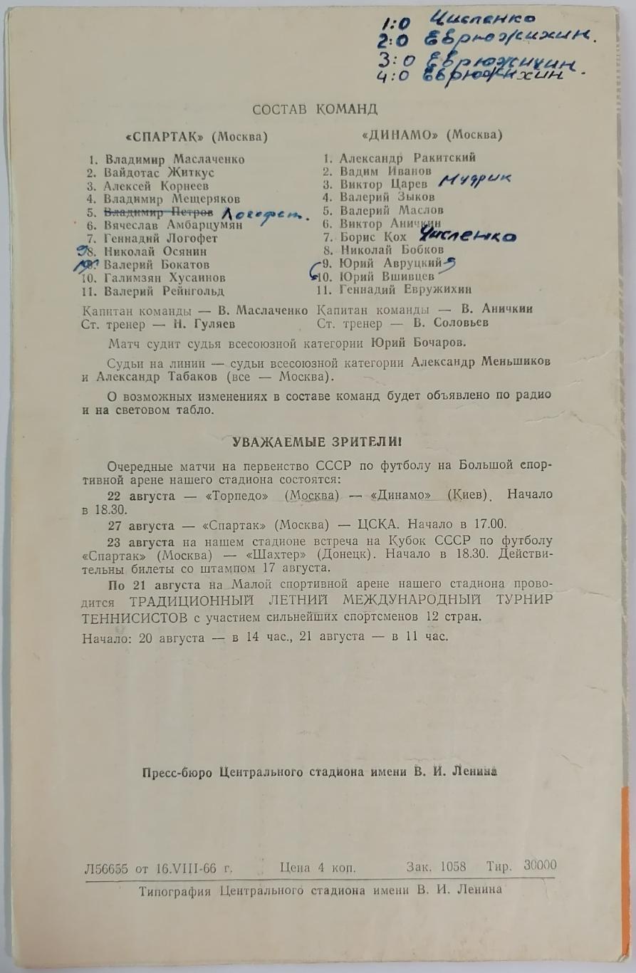 ДИНАМО МОСКВА - СПАРТАК МОСКВА - 1966 официальная программа 19.08. РАЗНОВИДНОСТЬ 1