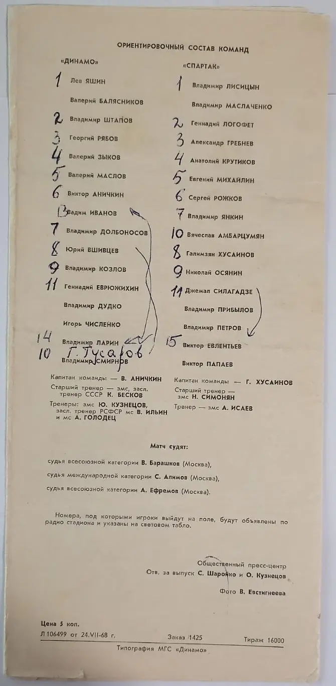 ДИНАМО МОСКВА - СПАРТАК МОСКВА - 1968 официальная программа 27.07. 1