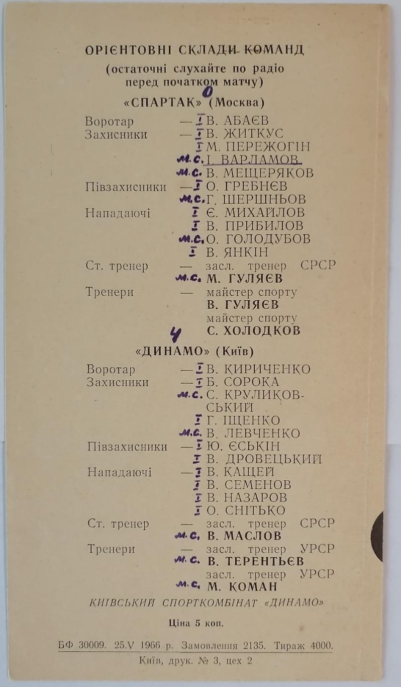 ДИНАМО КИЕВ - СПАРТАК МОСКВА - ДУБЛЬ 1966 официальная программа 1