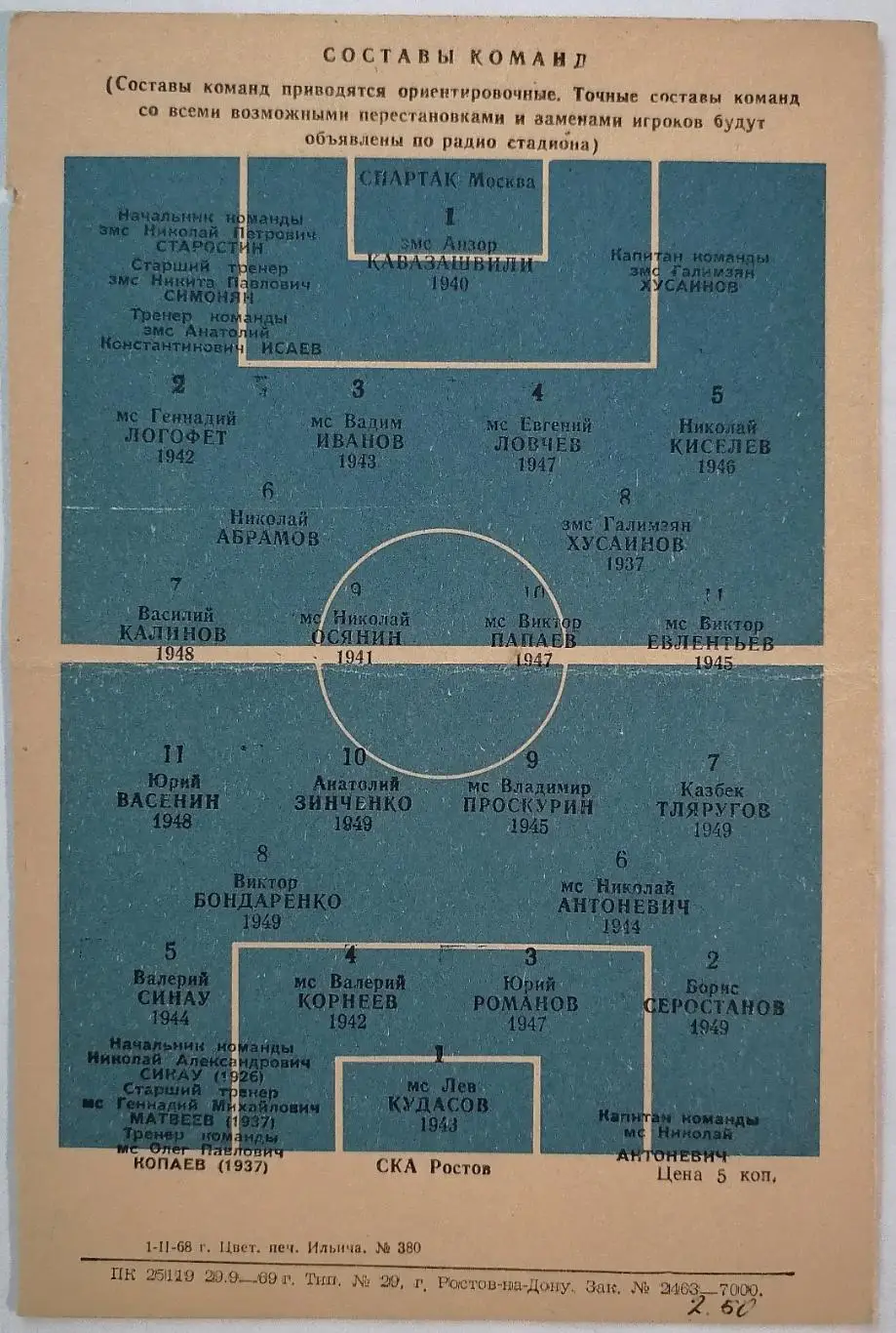 СКА РОСТОВ-НА-ДОНУ - СПАРТАК МОСКВА 1969 официальная программа 1