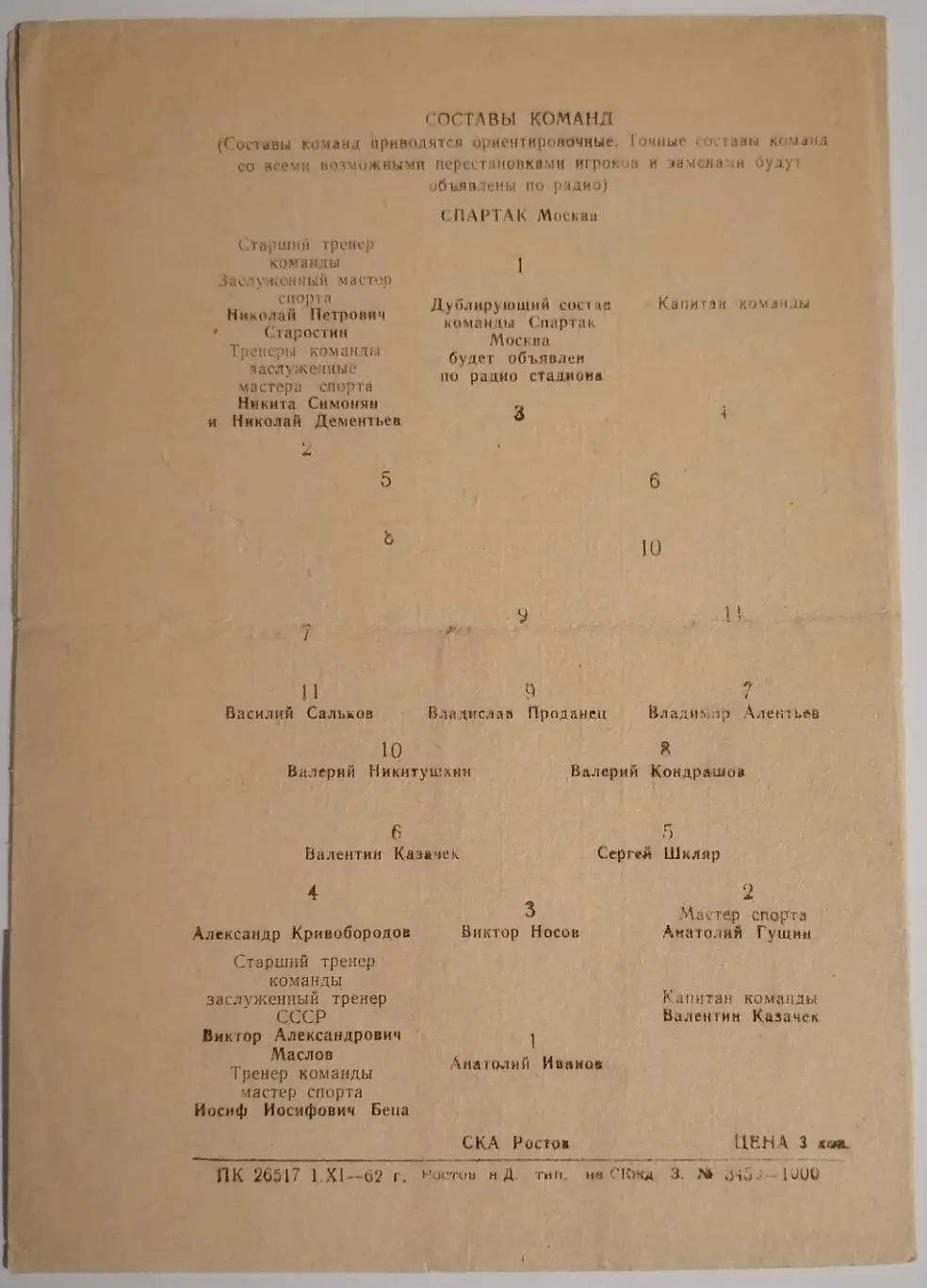 СКА РОСТОВ-НА-ДОНУ - СПАРТАК МОСКВА 1962 официальная программа ДУБЛЬ 1