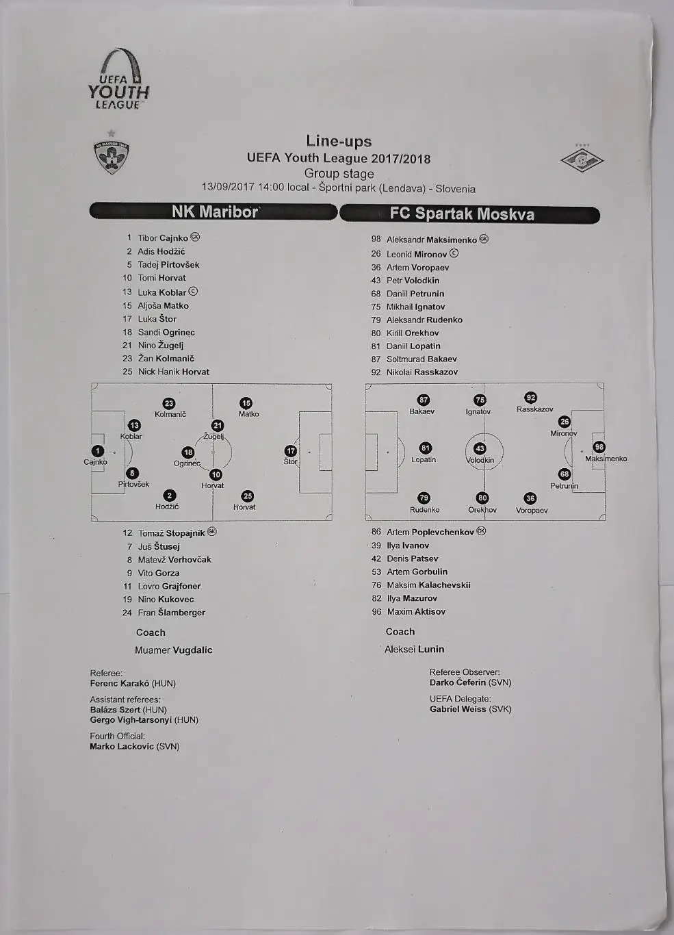 МАРИБОР Словения - СПАРТАК Москва 2017 оф. протокол к матчу ЮНОШЕСКАЯ ЛИГА УЕФА