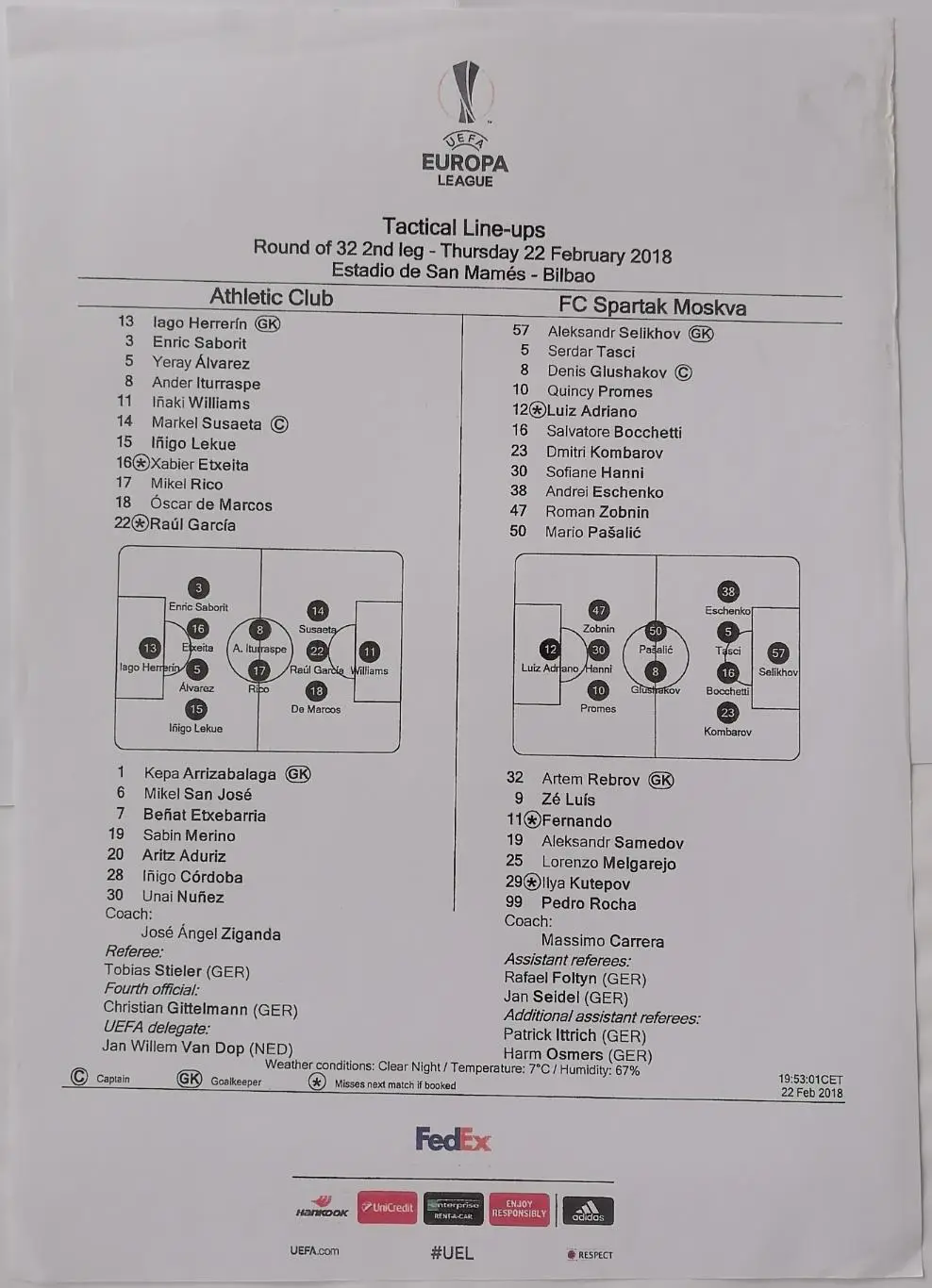 АТЛЕТИК Бильбао - СПАРТАК Москва - 2018 оф. протокол к матчу ЛИГА ЕВРОПЫ УЕФА
