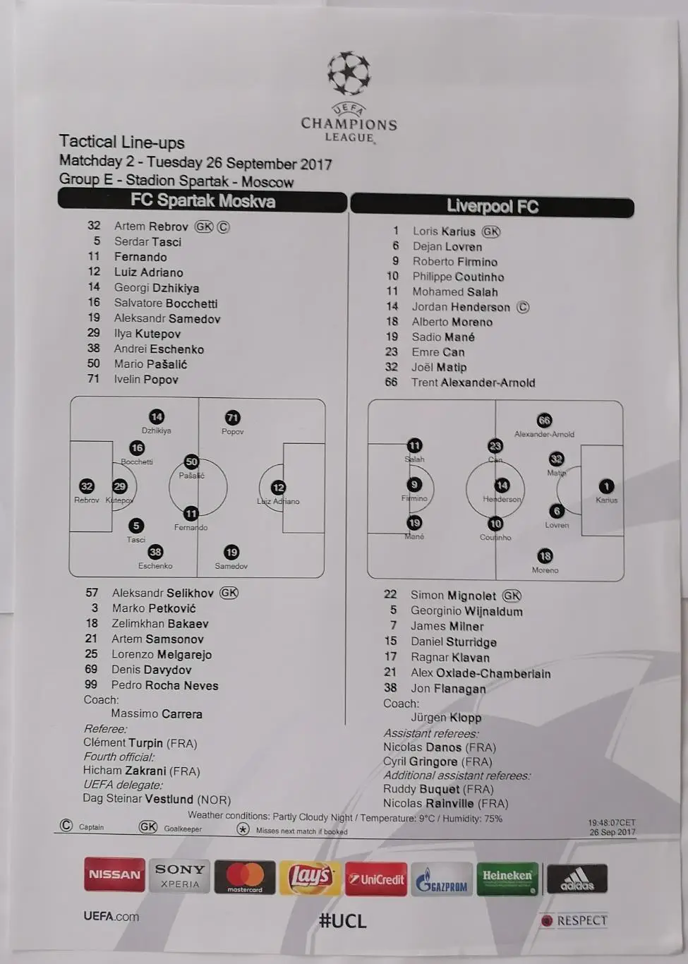 СПАРТАК Москва - ЛИВЕРПУЛЬ Англия 2017 оф. протокол к матчу ЛИГА ЧЕМПИОНОВ УЕФА