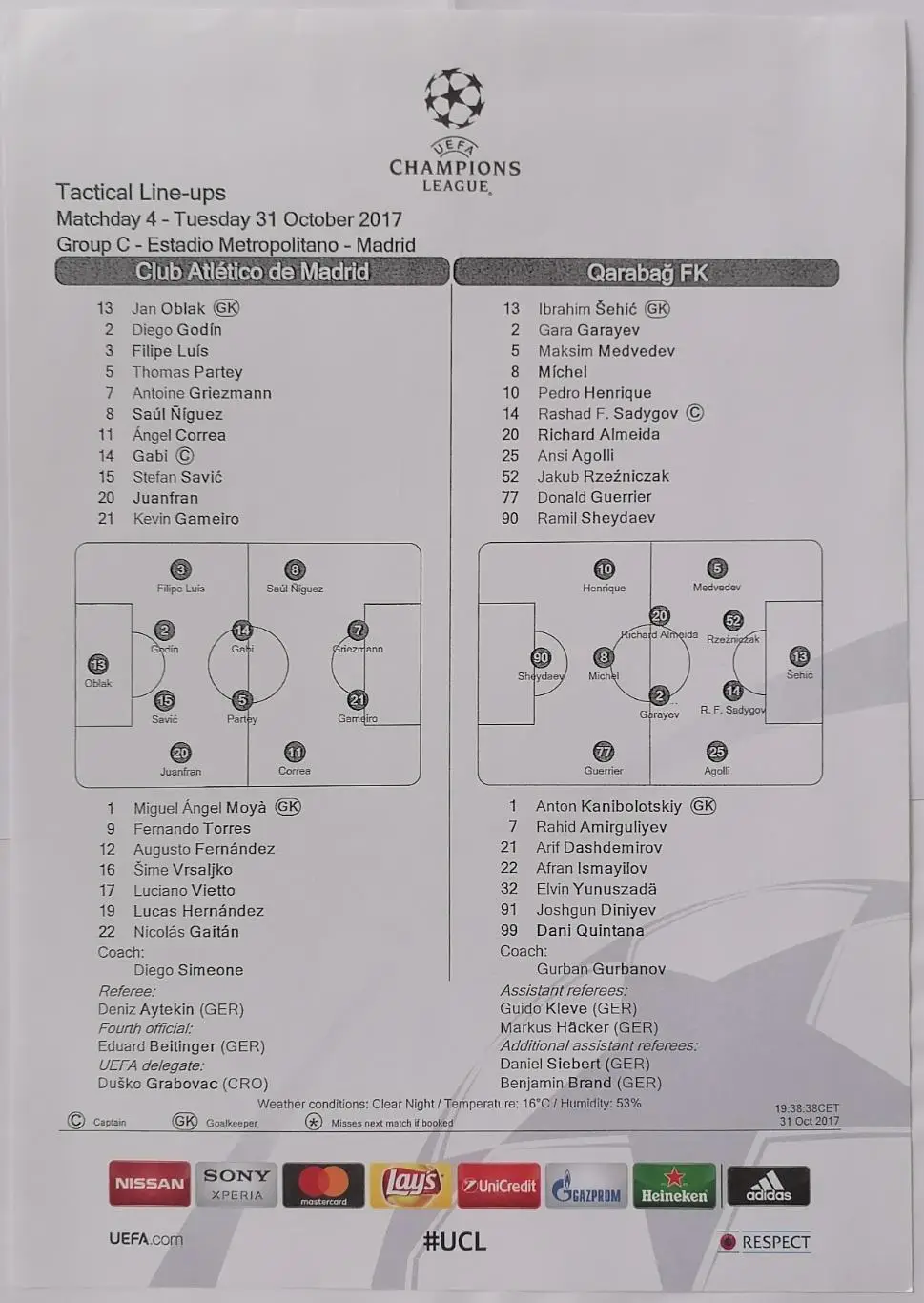 АТЛЕТИКО Мадрид - КАРАБАХ АЗЕРБАЙДЖАН 2017 оф. протокол ЛИГА ЧЕМПИОНОВ УЕФА
