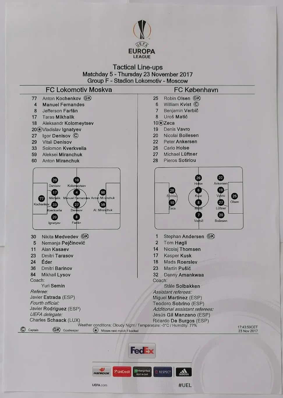 ЛОКОМОТИВ Москва - КОПЕНГАГЕН Дания 2017 офиц. протокол к матчу ЛИГА ЕВРОПЫ УЕФА
