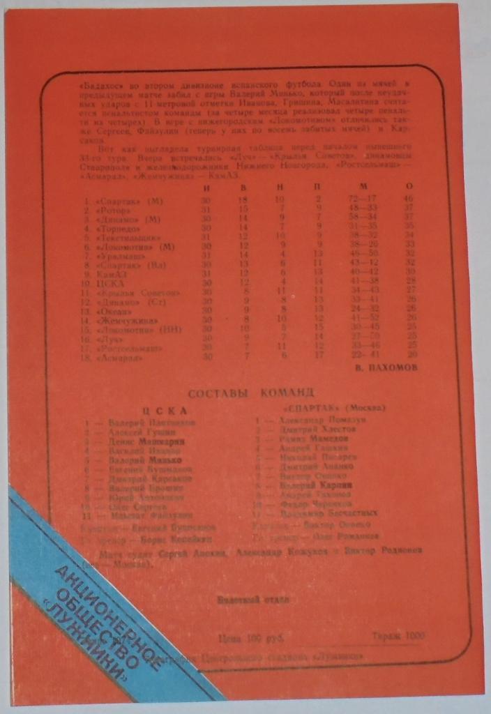 ЦСКА - СПАРТАК МОСКВА 1993 ЛУЖНИКИ ТИРАЖ 1000 1