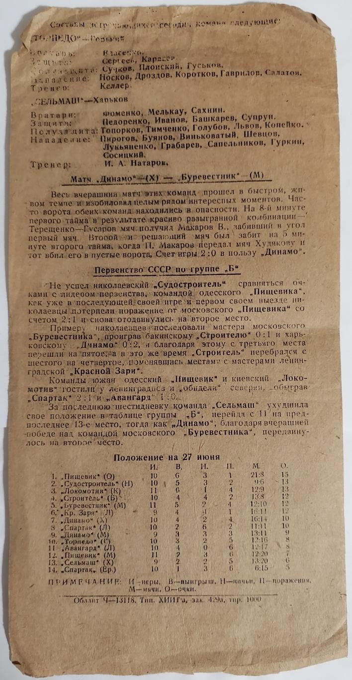 СЕЛЬМАШ ХАРЬКОВ - ТОРПЕДО ГОРЬКИЙ НИЖНИЙ НОВГОРОД 1940 официальная программа 1