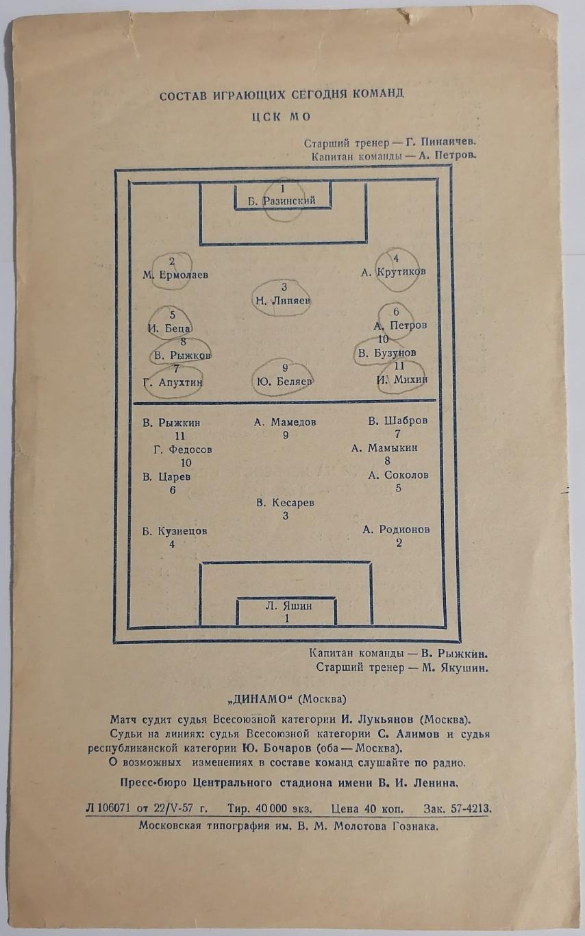 ЦСК МО ЦСКА МОСКВА - ДИНАМО МОСКВА - 1957 официальная программа 1