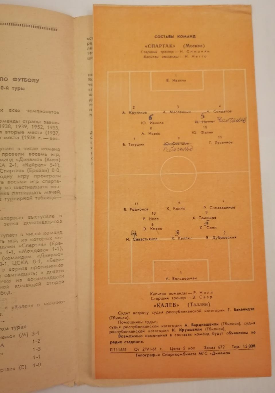 СПАРТАК МОСКВА - КАЛЕВ ТАЛЛИН 1961 официальная программа 1