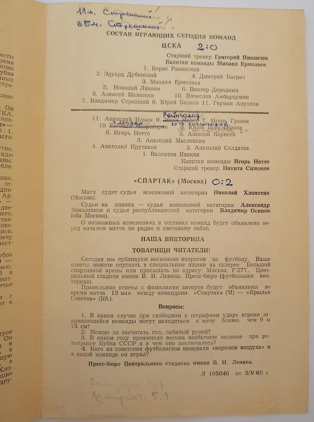 СПАРТАК МОСКВА - ЦСКА МОСКВА 1960 официальная программа 08.05. 1