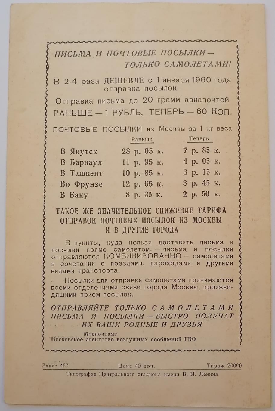 СПАРТАК МОСКВА - ЦСКА МОСКВА 1960 официальная программа 08.05. 2