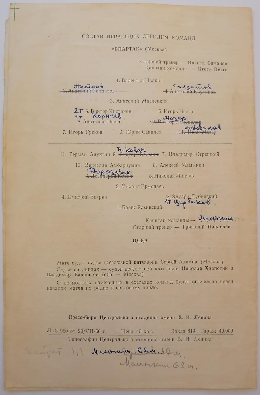 ЦСКА МОСКВА - СПАРТАК МОСКВА 1960 официальная программа 25.07. 1