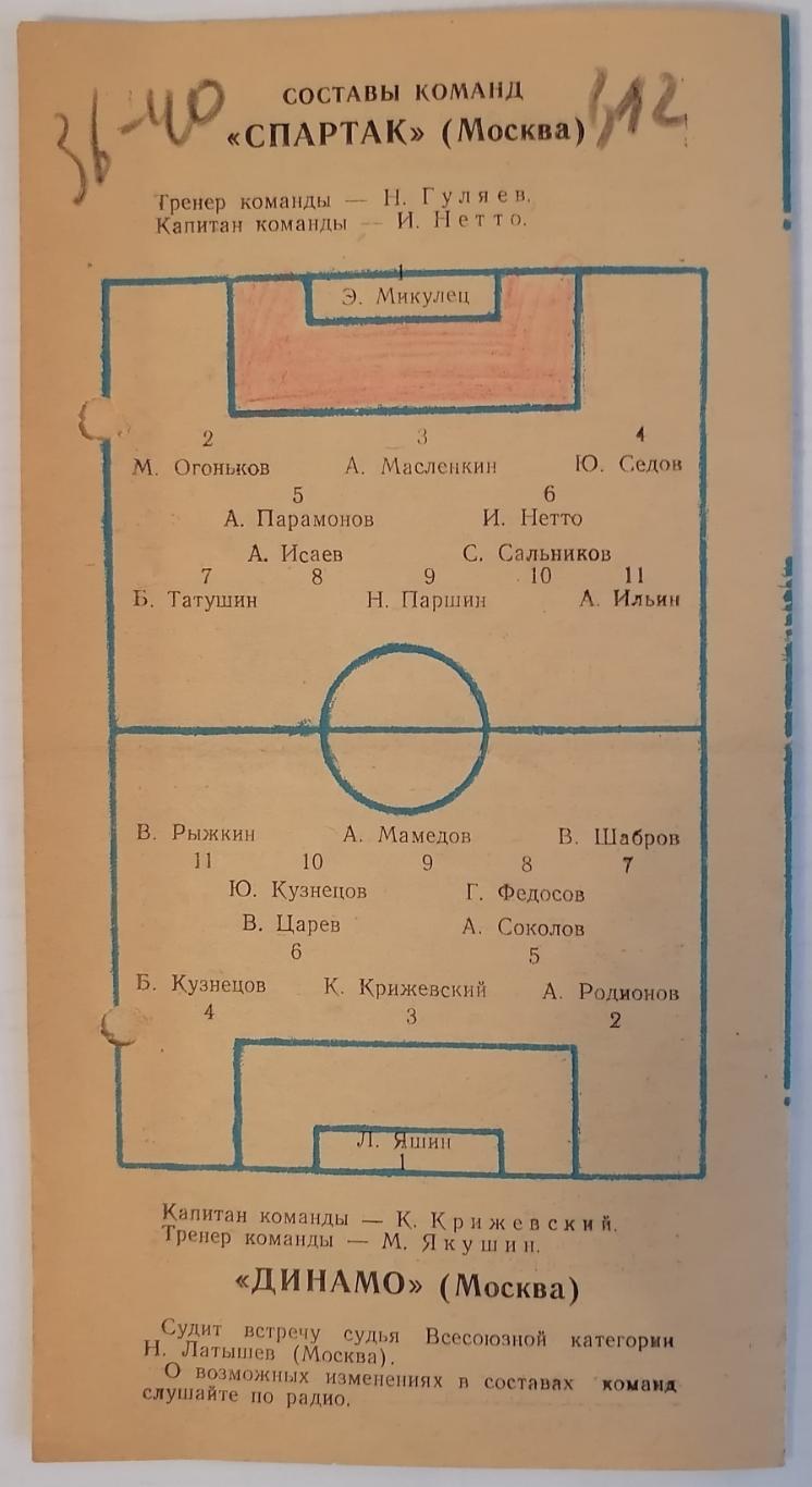 СПАРТАК МОСКВА - ДИНАМО МОСКВА 12.10.1955 официальная программа КУБОК 1