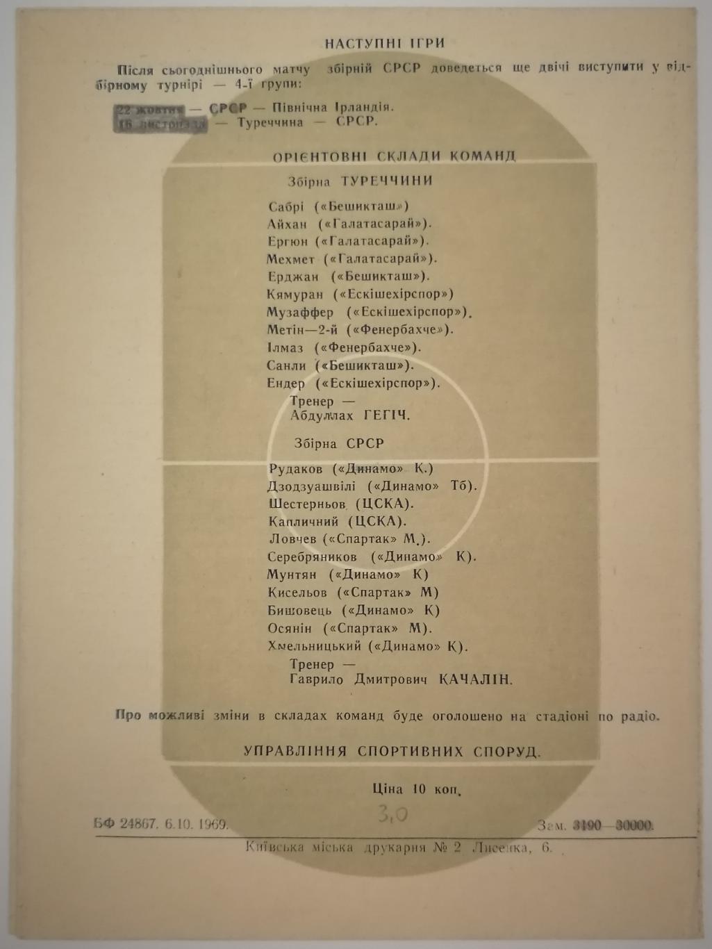 Сборная СССР - ТУРЦИЯ 1969 официальная программа 1