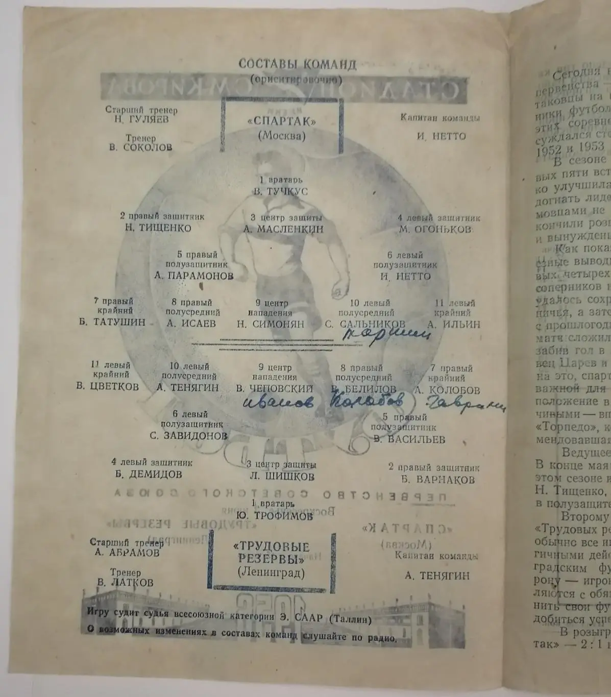 ТРУДОВЫЕ РЕЗЕРВЫ ЛЕНИНГРАД САНКТ-ПЕТЕРБУРГ - СПАРТАК МОСКВА 1956 оф. программа 1