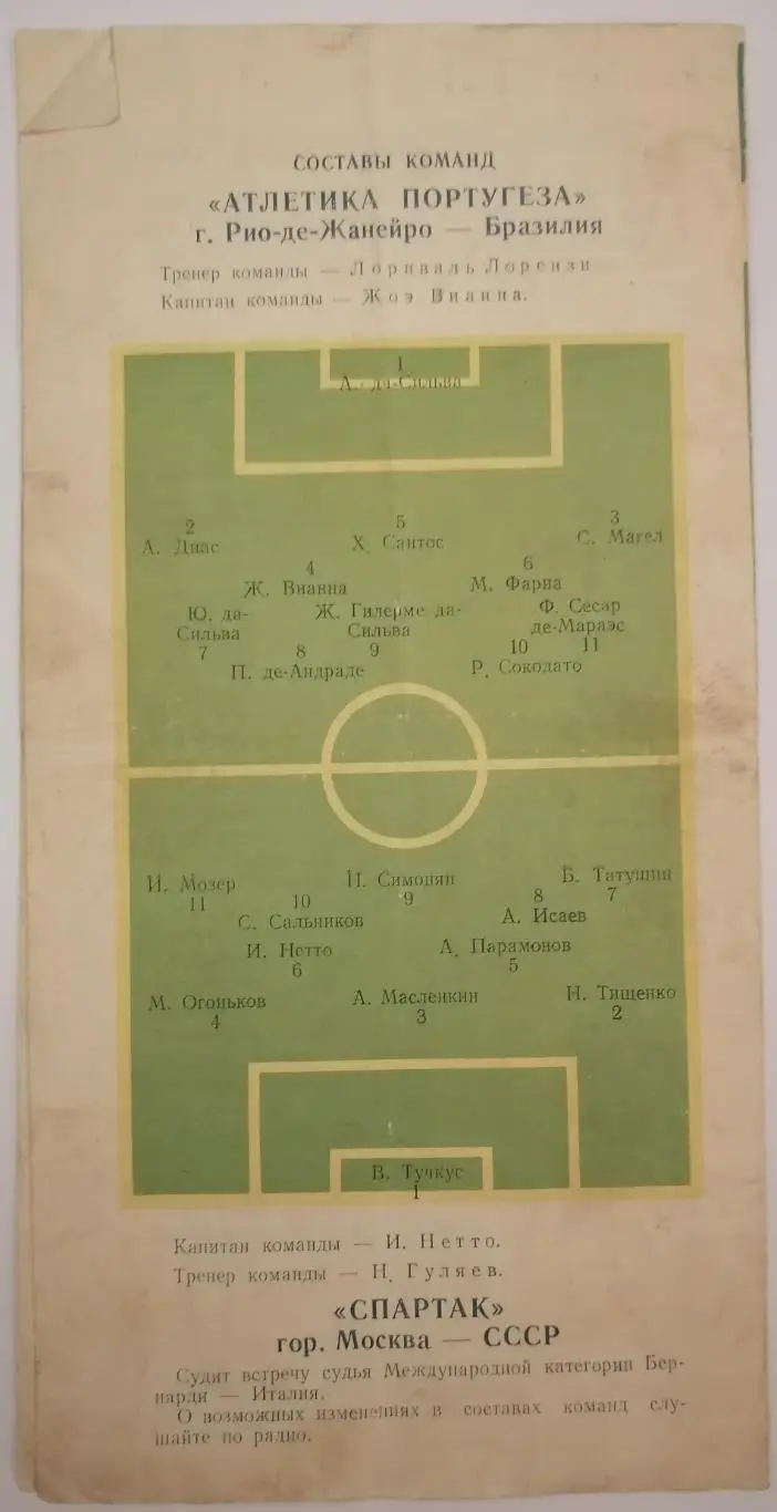 СПАРТАК МОСКВА - АТЛЕТИКА ПОРТУГЕЗА БРАЗИЛИЯ 1956 официальная программа 1