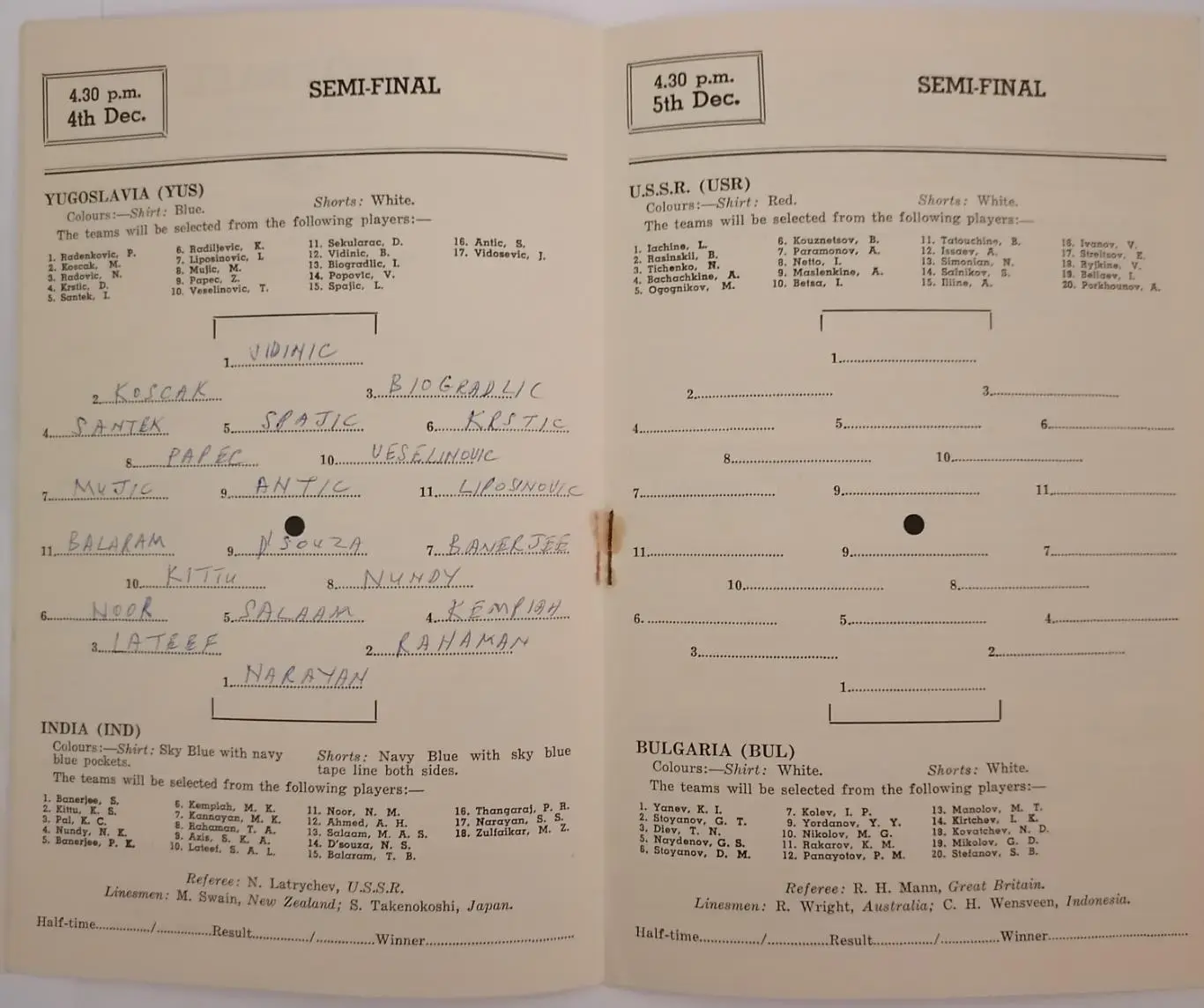 Сборная СССР - БОЛГАРИЯ 1956 официальная программа ОЛИМПИАДА ПОЛУФИНАЛ 1