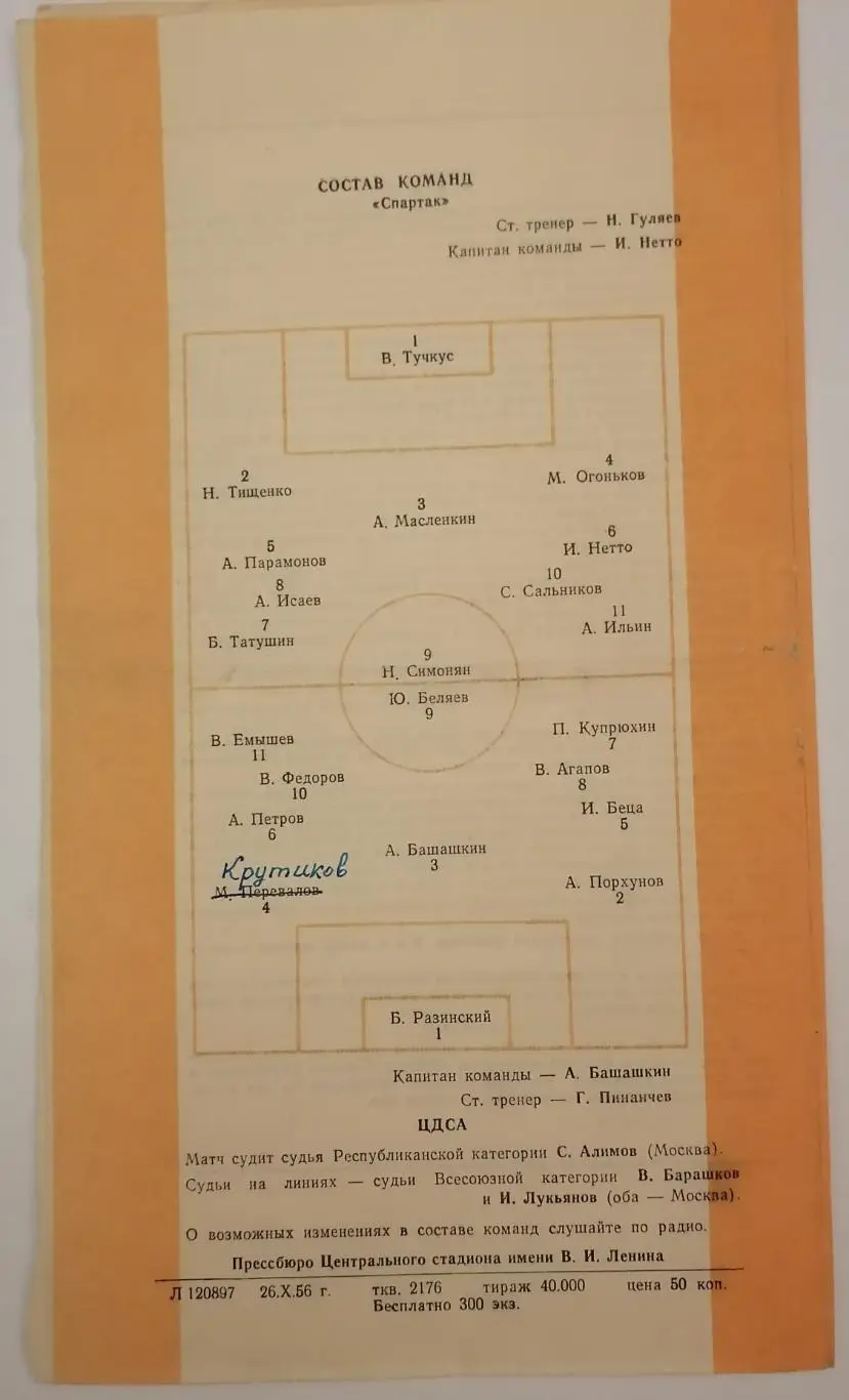 СПАРТАК МОСКВА - ЦДСА ЦСКА МОСКВА 1956 официальная программа 1