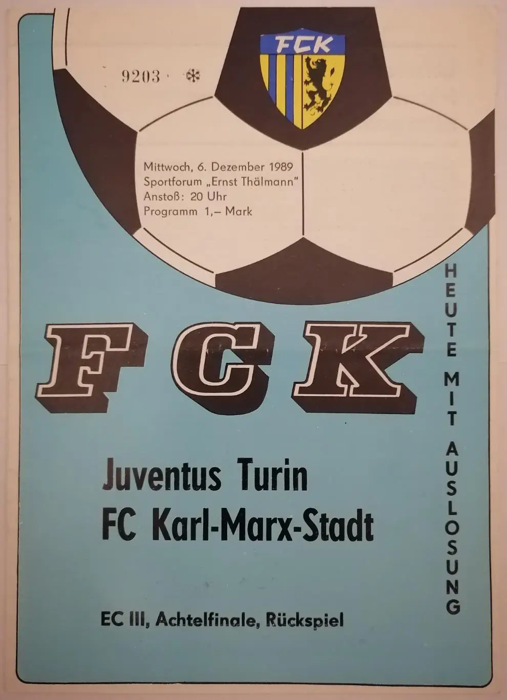 КАРЛ-МАРКС-ШТАДТ ГДР - ЮВЕНТУС Италия 1989 оф. программа КУБОК УЕФА