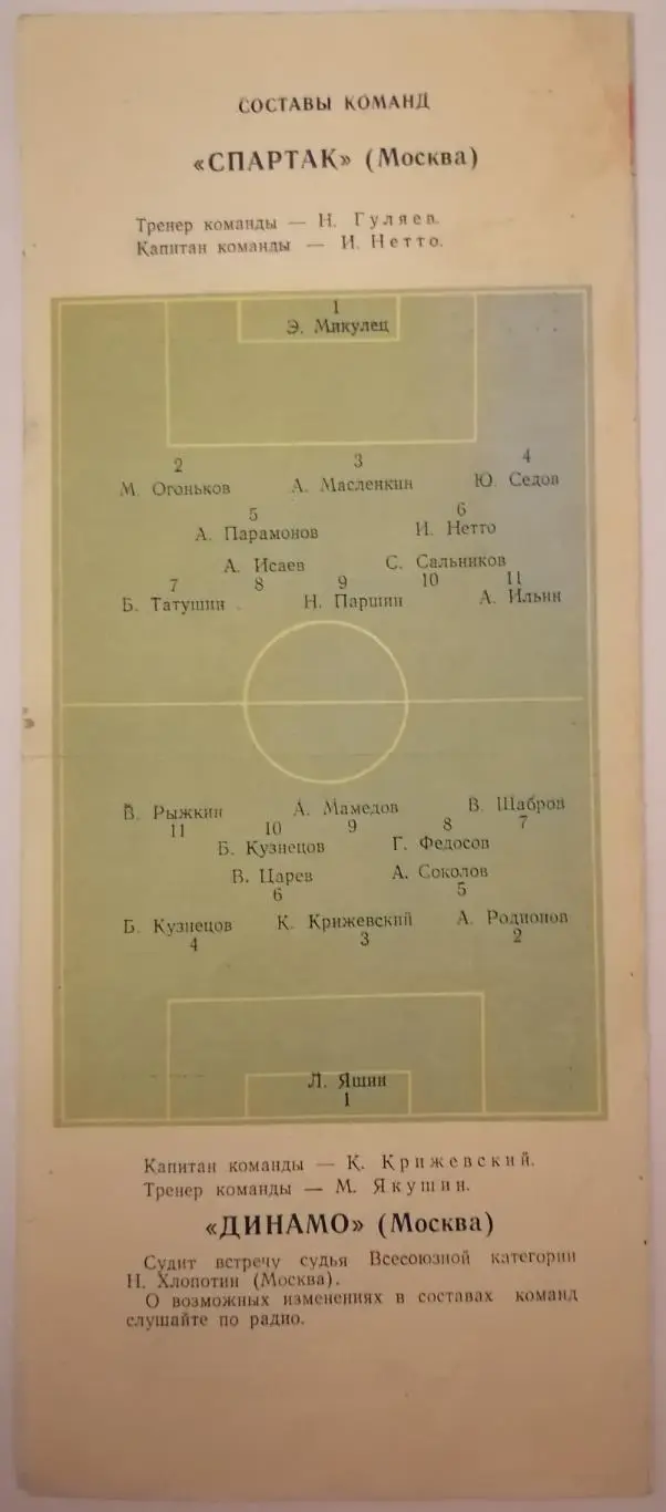 СПАРТАК МОСКВА - ДИНАМО МОСКВА 02.10.1955 официальная программа 1