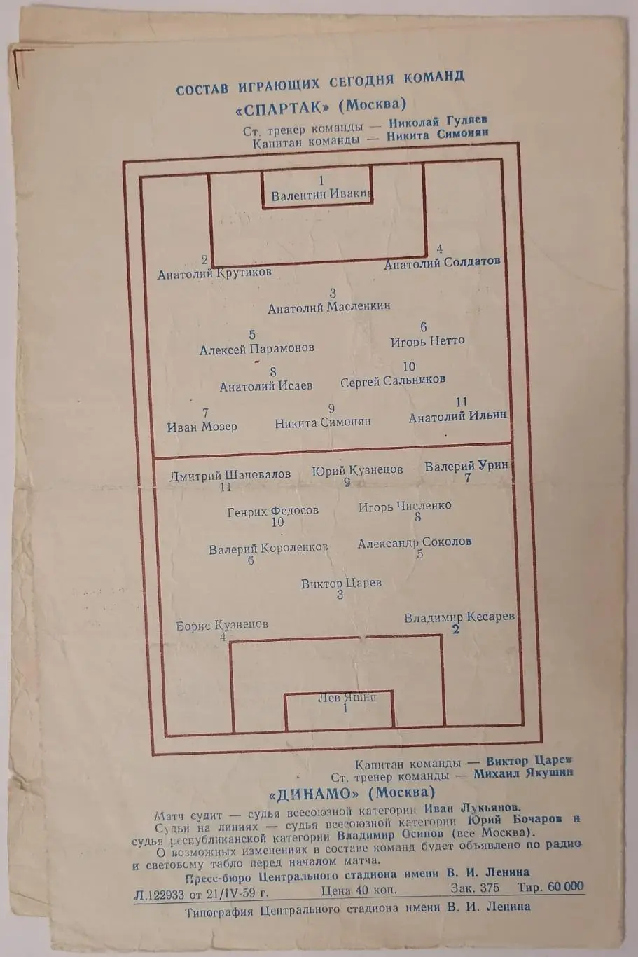 СПАРТАК МОСКВА - ДИНАМО МОСКВА 26.04.1959 официальная программа РЕДКИЙ ВИД 1