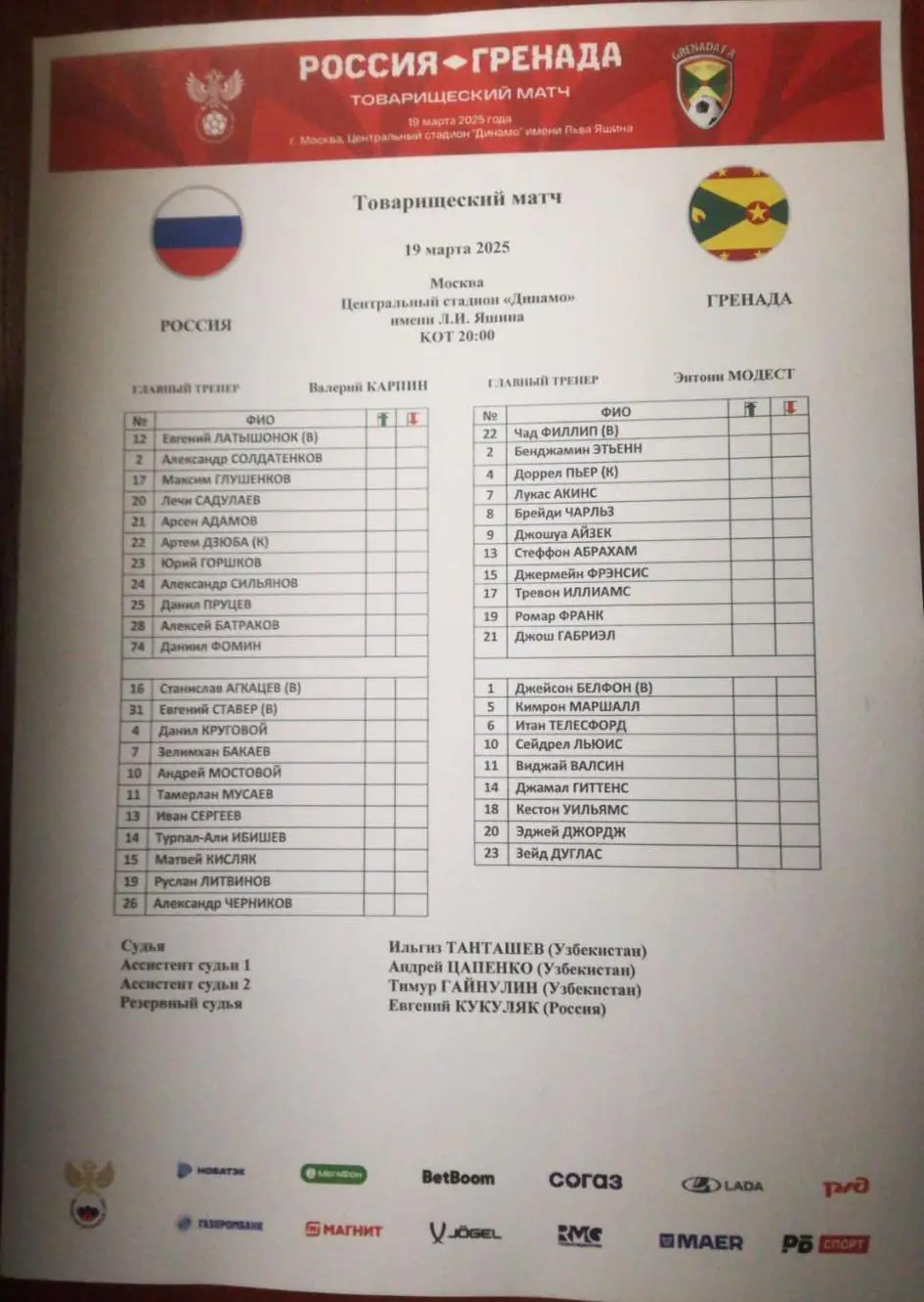 Сборная РОССИЯ - ГРЕНАДА 2025 официальный протокол