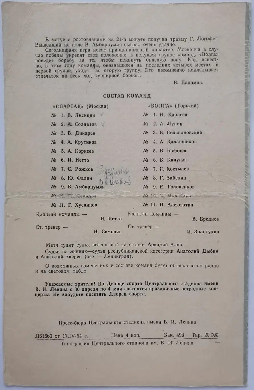 СПАРТАК Москва - ВОЛГА Горький Нижний Новгород 20.04. 1964 оф. программа 1