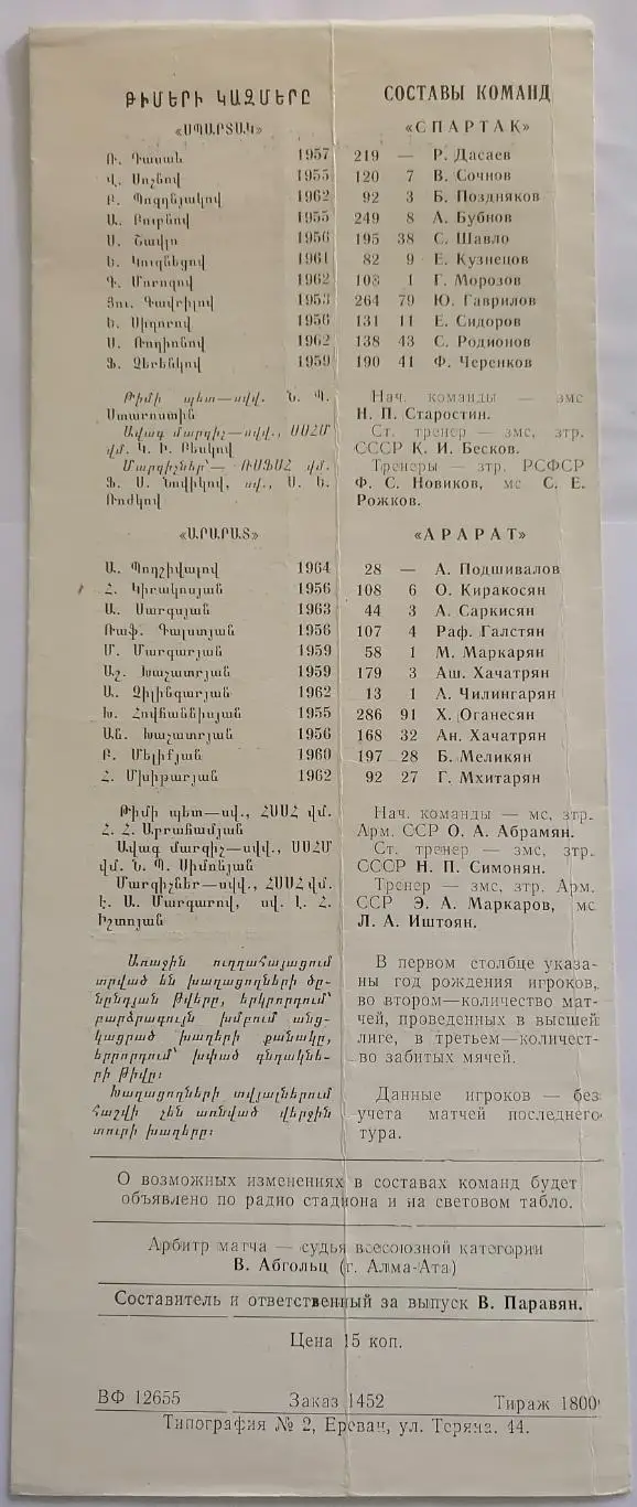 АРАРАТ ЕРЕВАН - СПАРТАК МОСКВА - 1984 официальная программа 1
